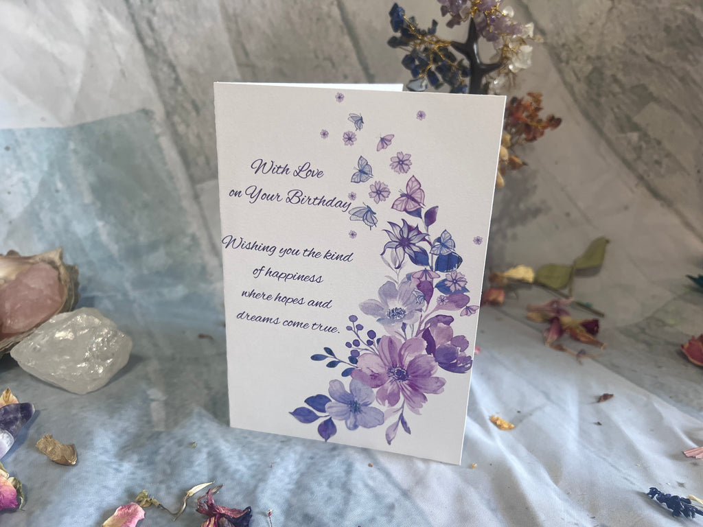 Printable Birthday card measuring 16.5 cm by 11.5 cm, with an included envelope template