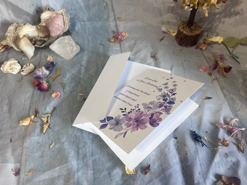 Printable Birthday card measuring 16.5 cm by 11.5 cm, with an included envelope template