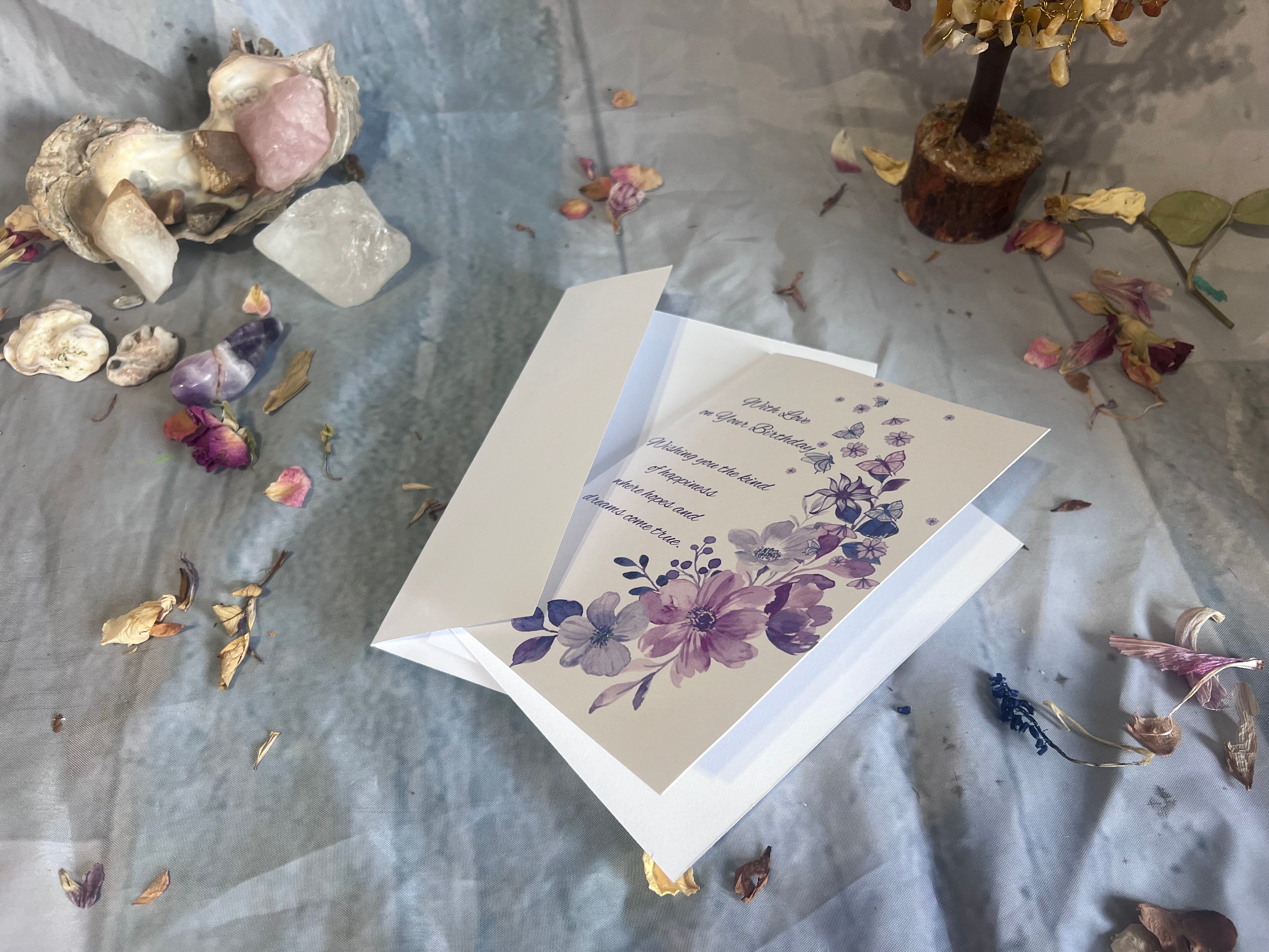 Printable Birthday card measuring 16.5 cm by 11.5 cm, with an included envelope template