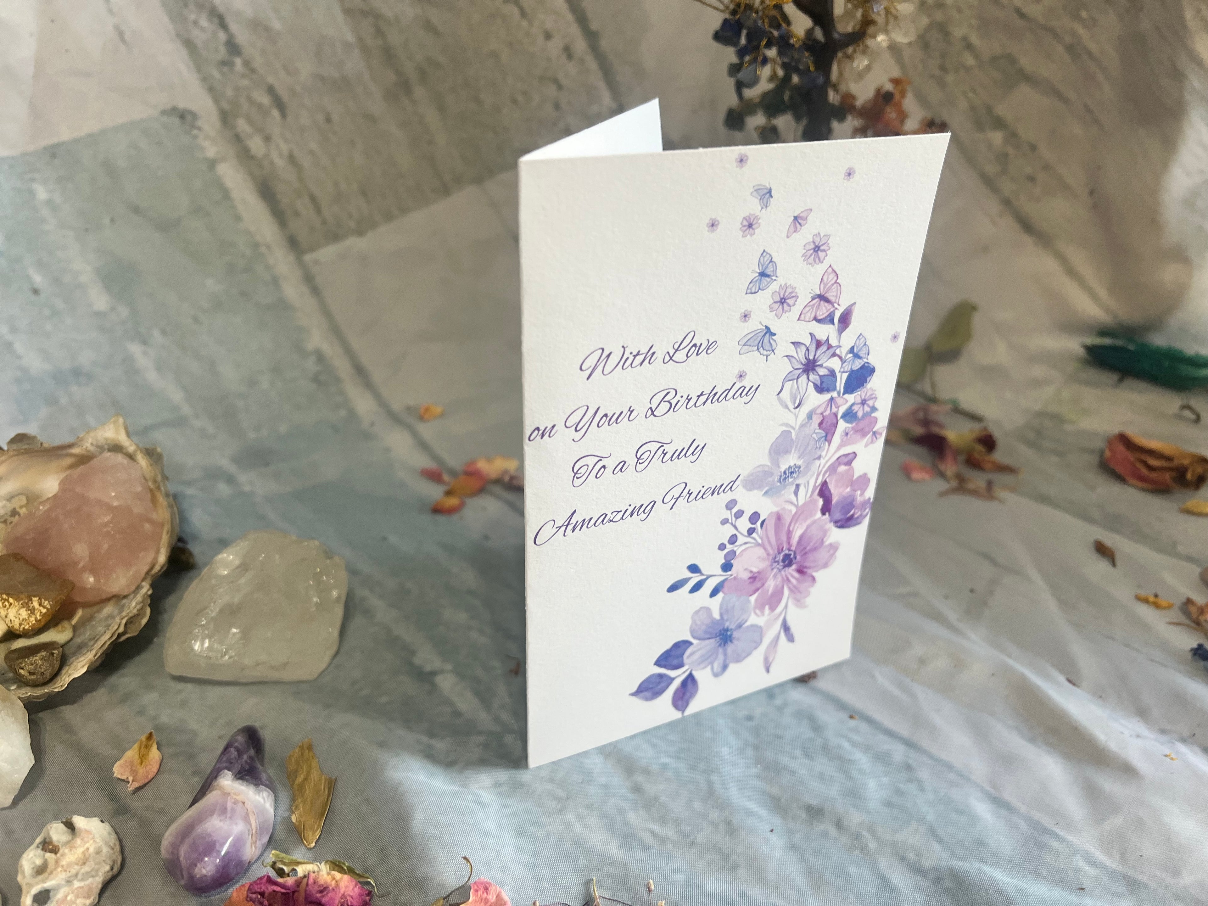 Printable Birthday card measuring 16.5 cm by 11.5 cm, with an included envelope template