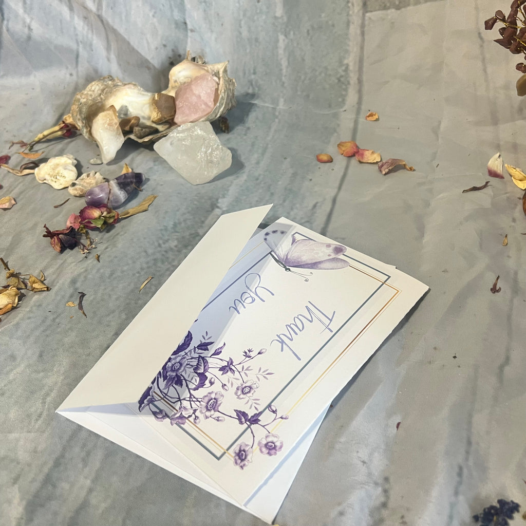 Printable Thankyou card measuring 16.5 cm by 11.5 cm, with an included envelope template