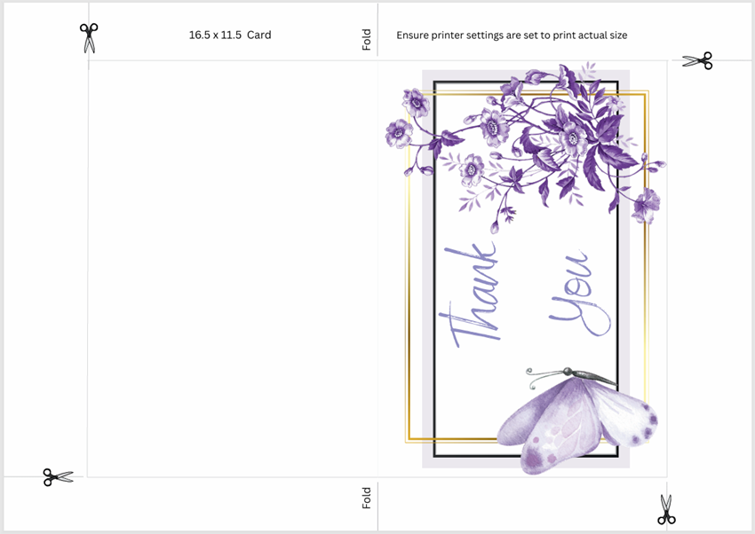 Printable Thankyou card measuring 16.5 cm by 11.5 cm, with an included envelope template