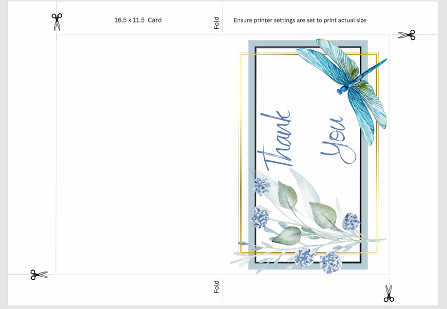 Printable thankyou card measuring 16.5 cm by 11.5 cm, with an included envelope template