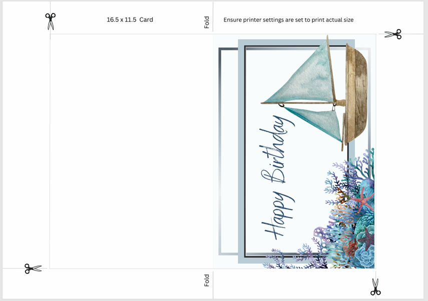 Printable Birthday card measuring 16.5 cm by 11.5 cm, with an included envelope template