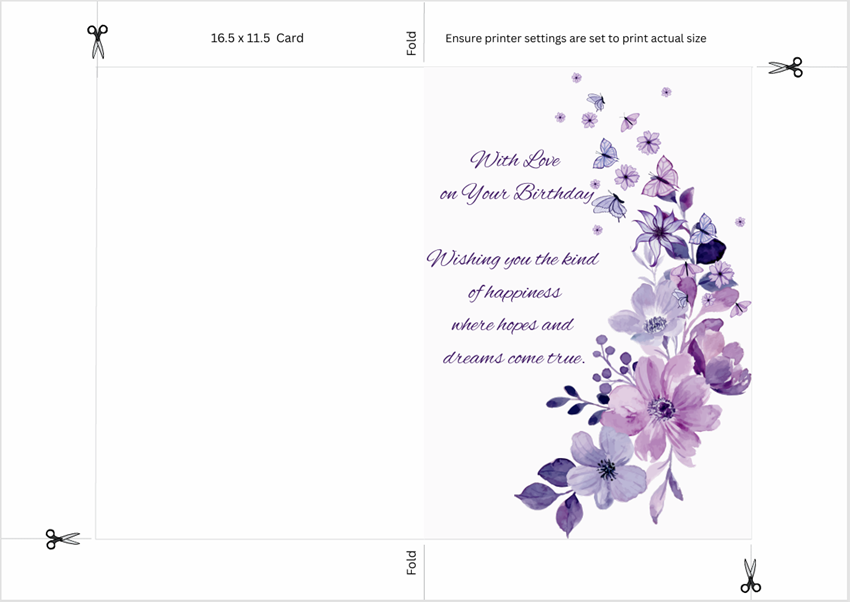 Printable Birthday card measuring 16.5 cm by 11.5 cm, with an included envelope template