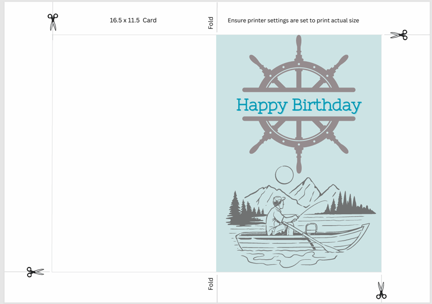 Printable Birthday card measuring 16.5 cm by 11.5 cm, with an included envelope template