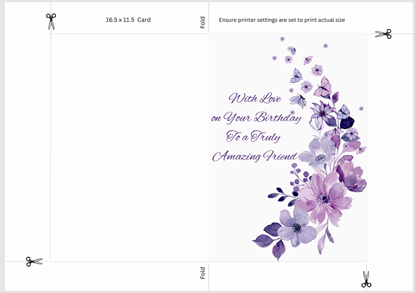 Printable Birthday card measuring 16.5 cm by 11.5 cm, with an included envelope template