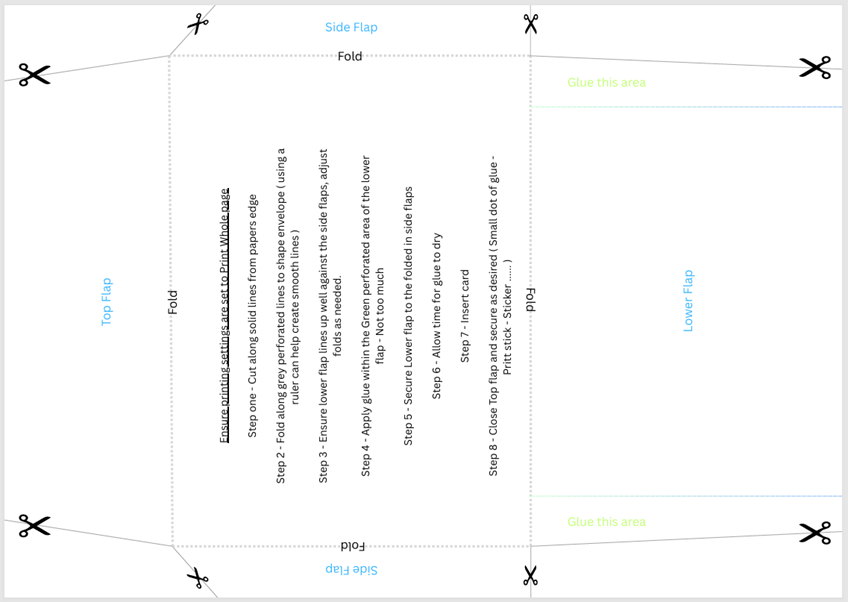 Printable Birthday card measuring 16.5 cm by 11.5 cm, with an included envelope template